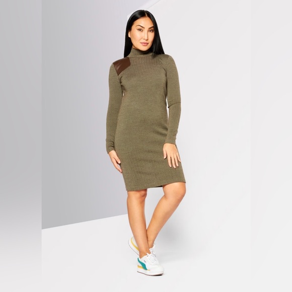 NWT Lauren Ralph Lauren Wool Turtleneck Leather Patch Green Sweater Dress 1X New - Picture 2 of 9